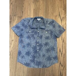 Lucky Brand Shirt Mens Large Blue Chambray Denim Palm Tree Saturday Stretch